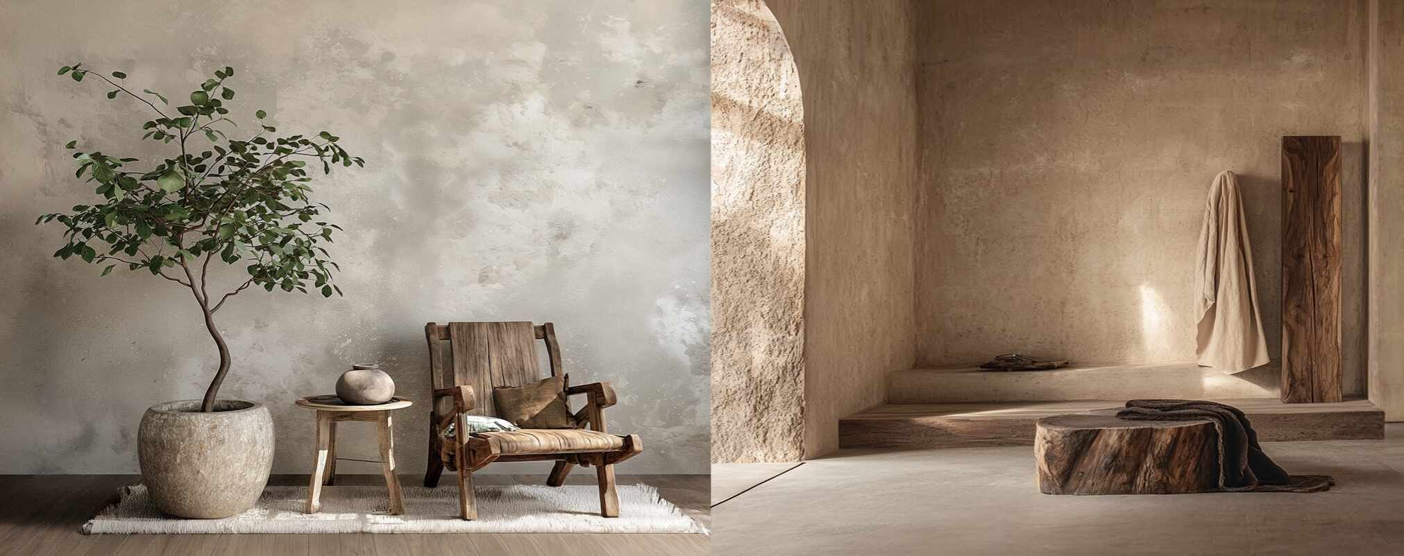 Rustic vintage room with wooden chair, small table with vase, large potted plant on left side and earthy sunlit textured wall with stone stool on right side in warm natural colors