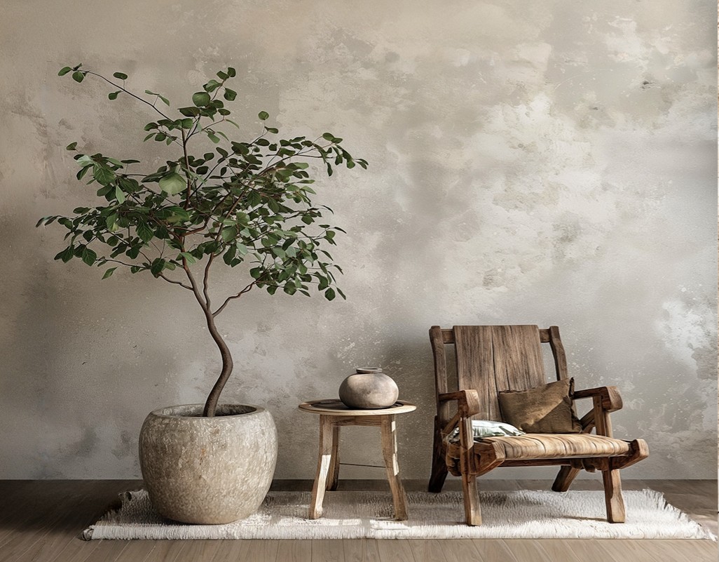 Rustic vintage room with wooden chair, small table with vase, large potted plant on left side and earthy sunlit textured wall with stone stool on right side in warm natural colors